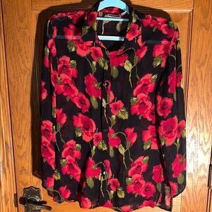 Chico's Vibrant Red and Green Sheer Blouse